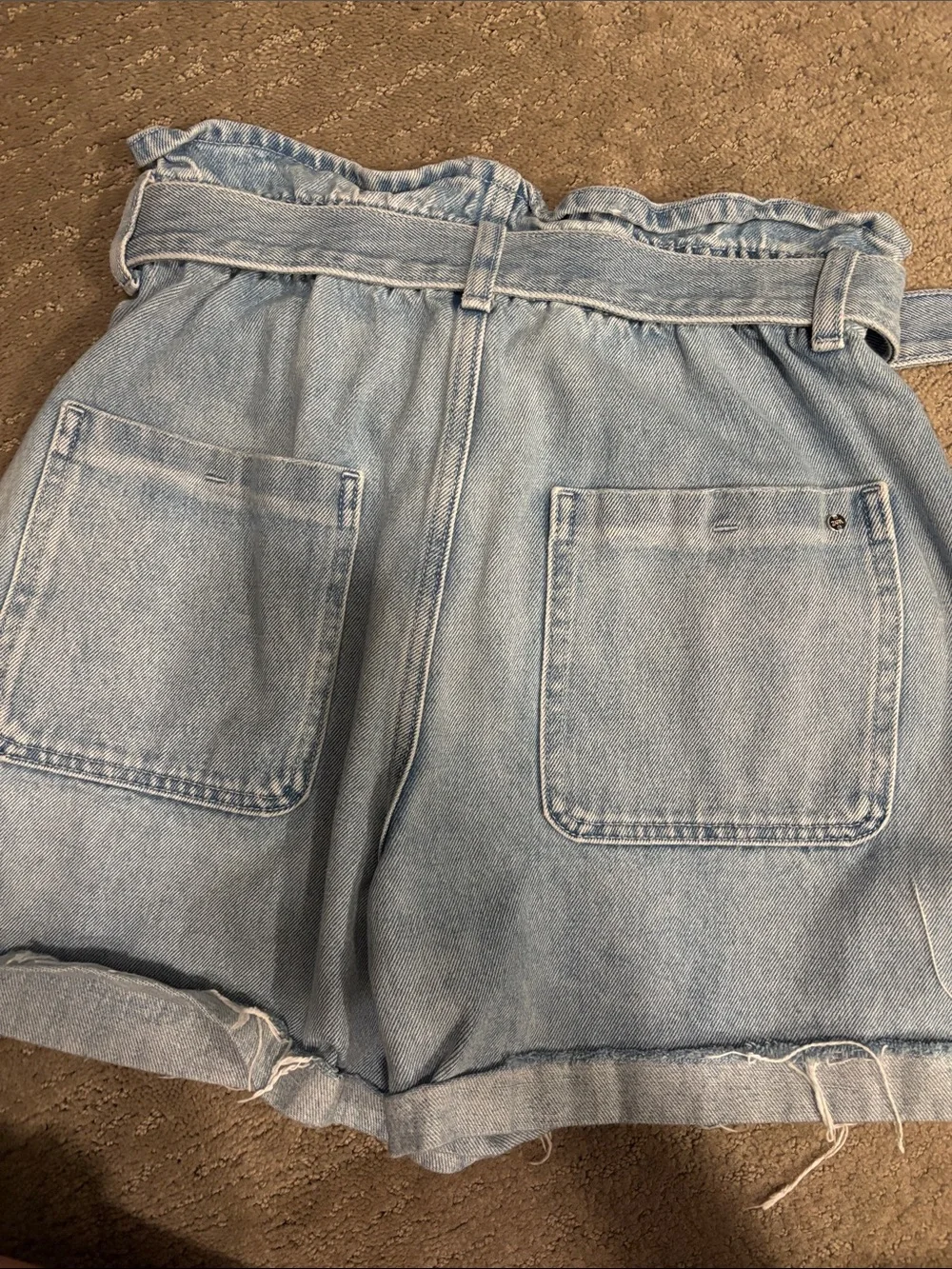 Zara Light Blue High-Rise Paperbag Denim Shorts with Self-Tie Belt